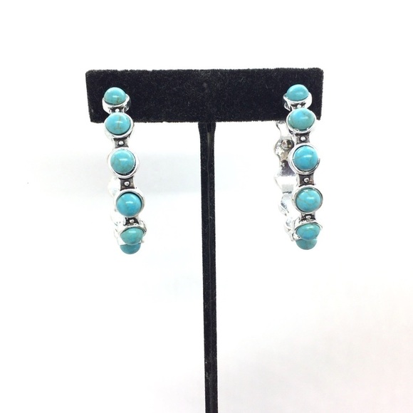 WEST CO. TURQUOISE DYED HOWLITE HOOP EARRINGS SILVER TONE NWT - Picture 1 of 7